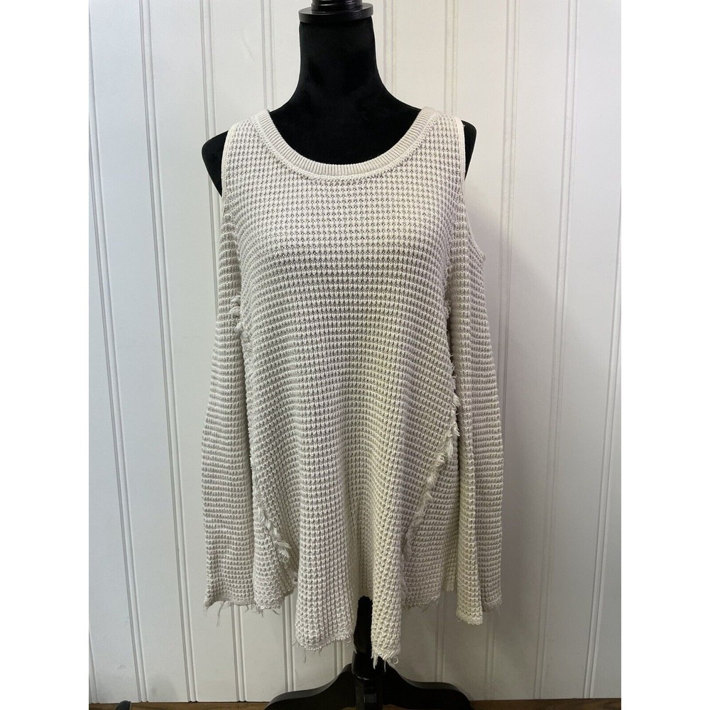 Free People Sunrise Sweater Cold Shoulder Waffle Knit Top Women Size M Cream